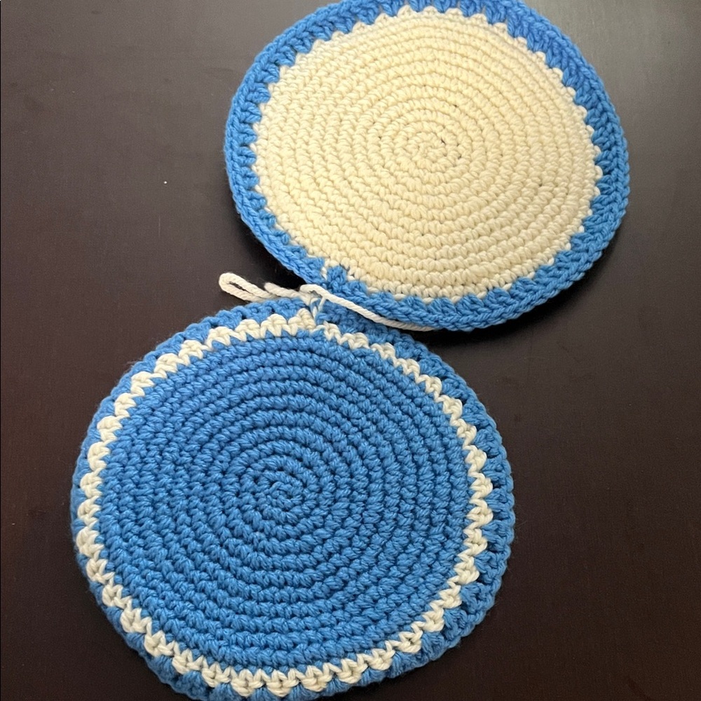 Handcrafted Set of 2 Blue and White Crochet Hotpads